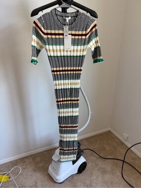 Joie Black, Green & Cream Striped Ribbed Midi Dress